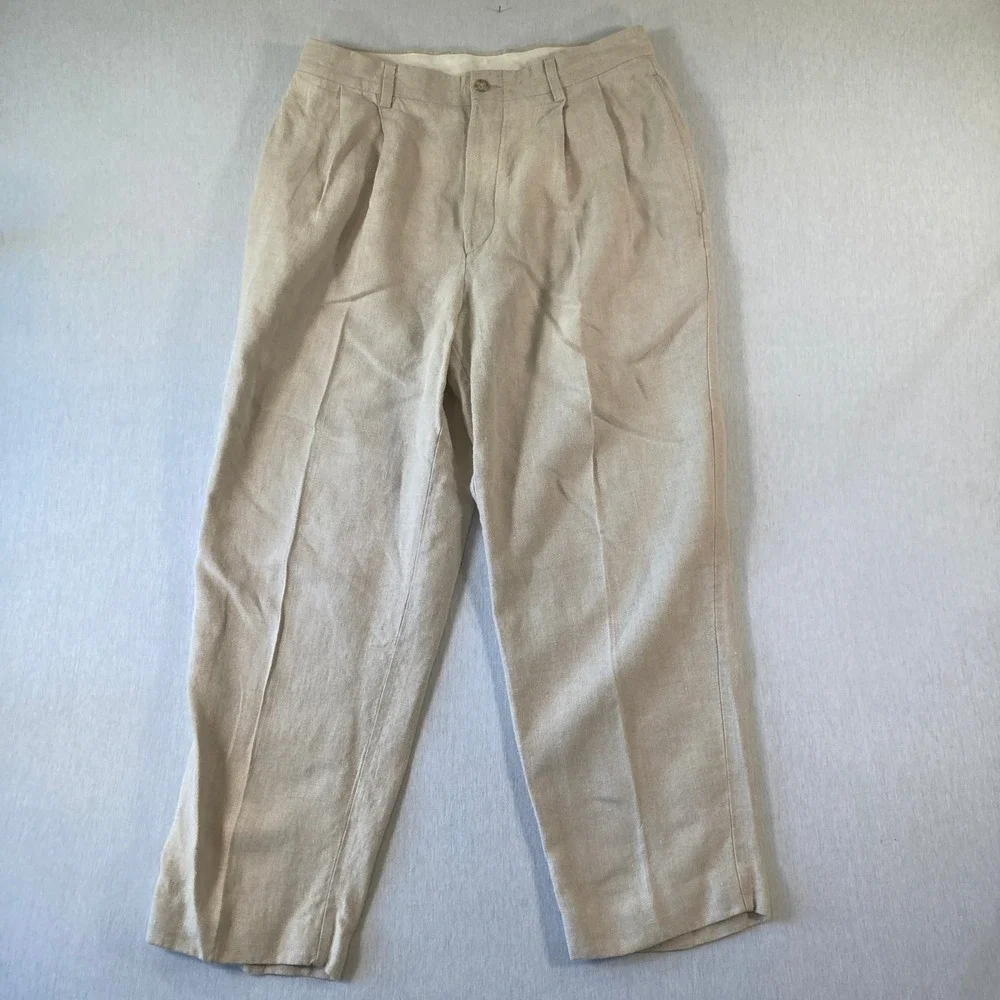 Turnbury Mens Pants 34x29 (Fit 33x27) 100% Linen Cream Pleated Dress Straight